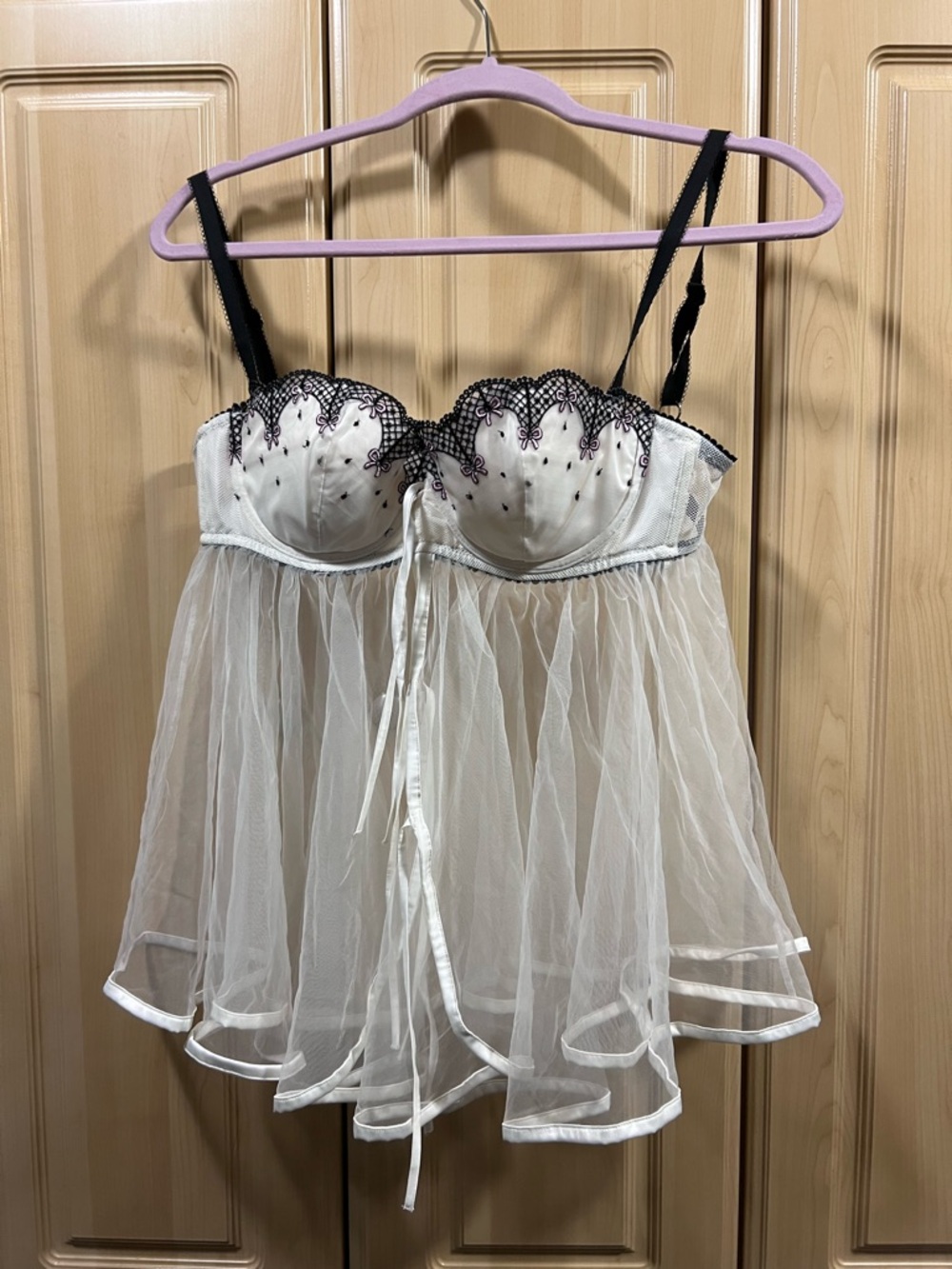 Victoria's Secret White Sheer Babydoll with Black Lace Trim